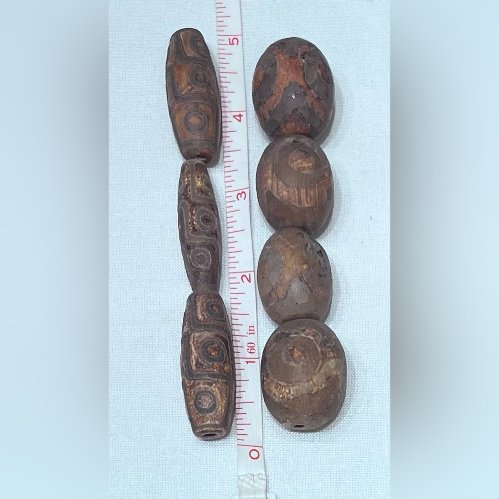 DZI Tibetan Agate Barrel Beads.  Almost 10” (7 Bead Set)
